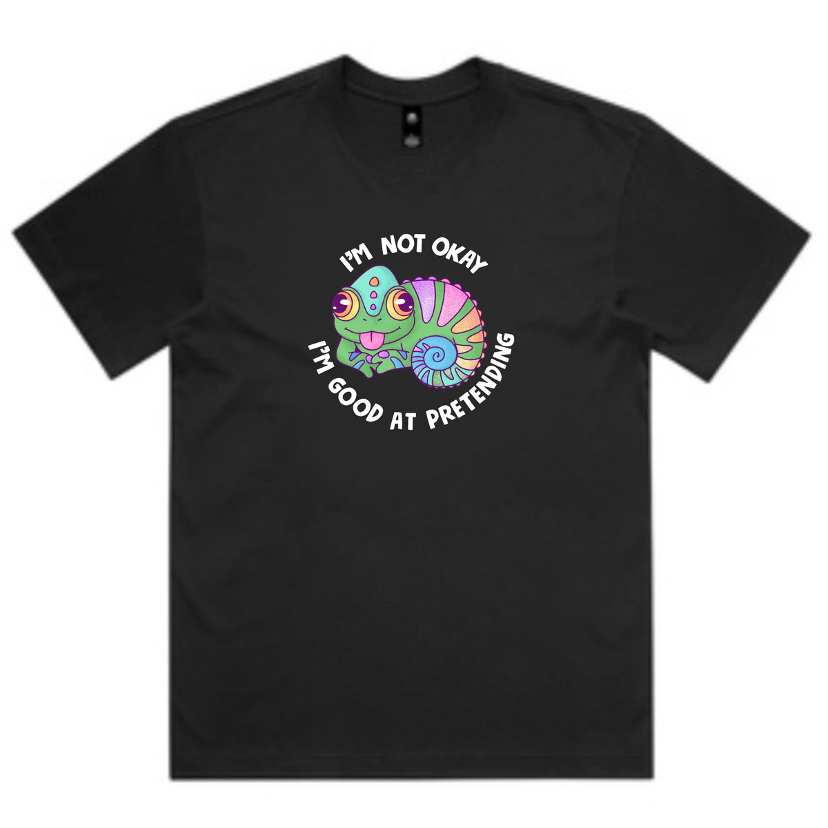 Chameleon "I'm not ok, i'm just good at pretending." UNISEX BOX TEE - Black